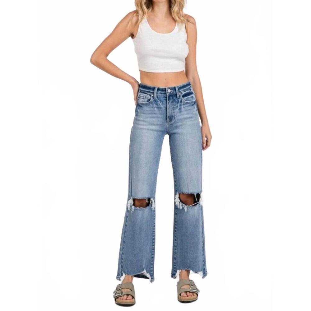 NEW PETRA high rise stretch slim wide leg with destroyed hem jean in blue